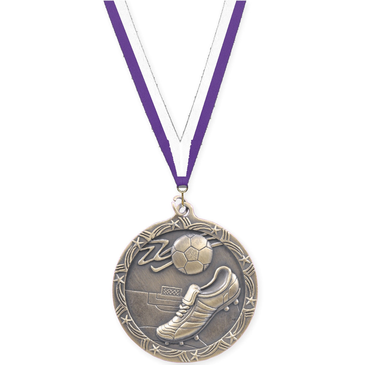 2 1/2 inch soccer Shooting Star medal in antique gold with Purple White neck ribbon