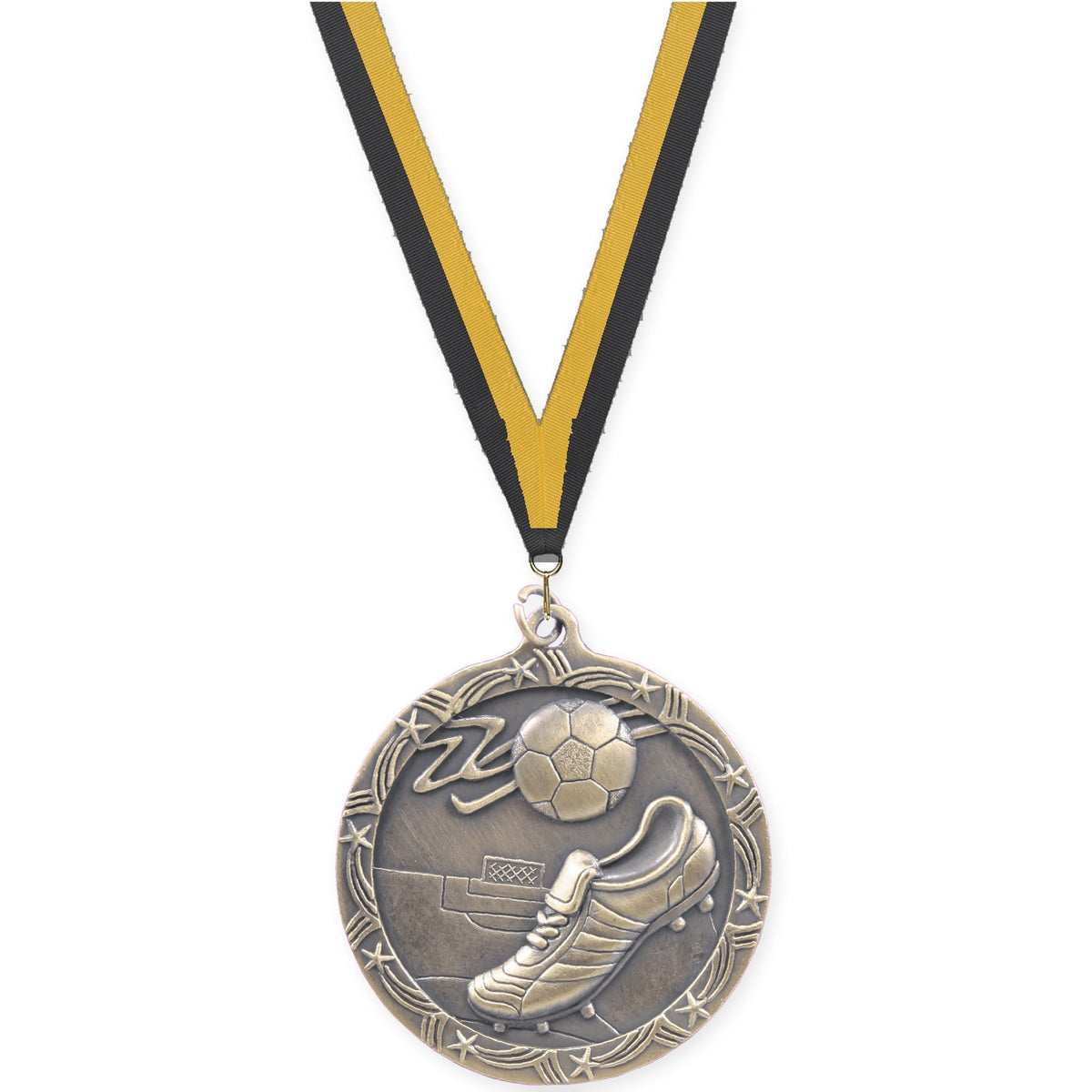 2 1/2 inch soccer Shooting Star medal in antique gold with Black Gold neck ribbon