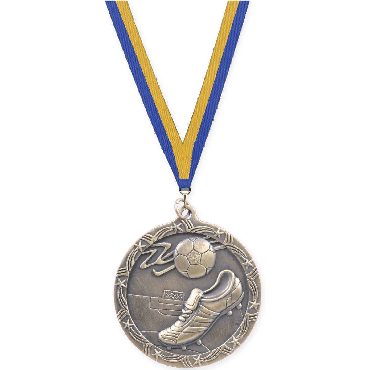 2 1/2 inch soccer Shooting Star medal in antique gold with Blue Gold neck ribbon