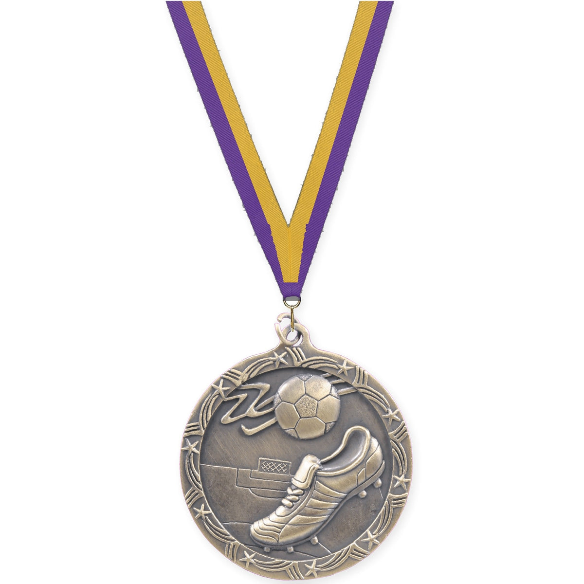 2 1/2 inch soccer Shooting Star medal in antique gold with Purple Gold neck ribbon