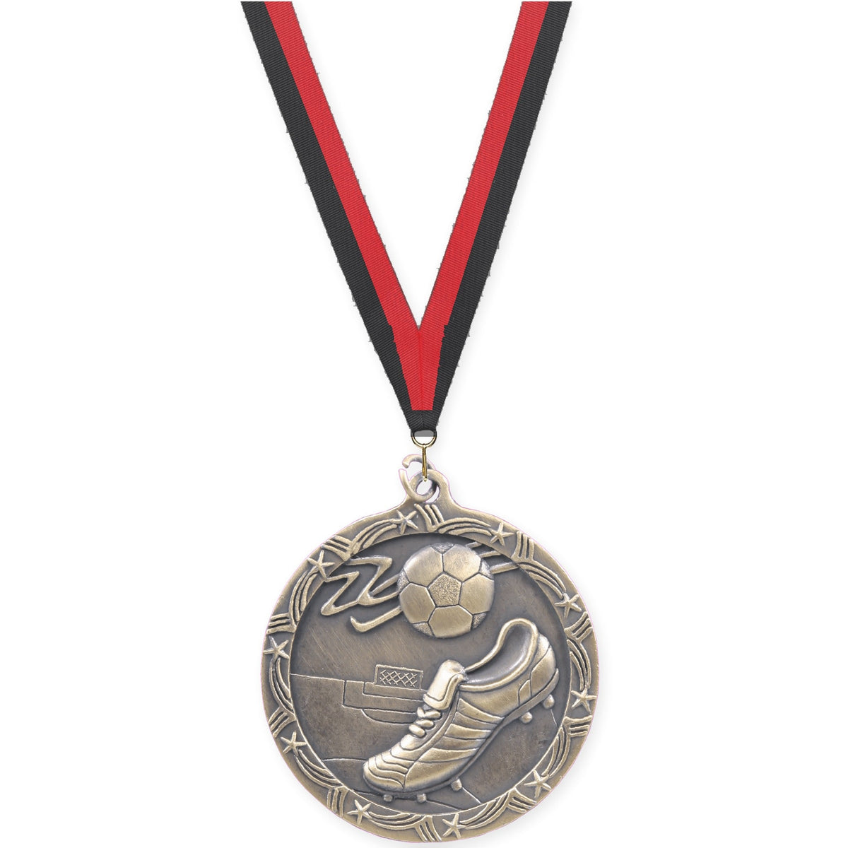 2 1/2 inch soccer Shooting Star medal in antique gold with Black Red neck ribbon