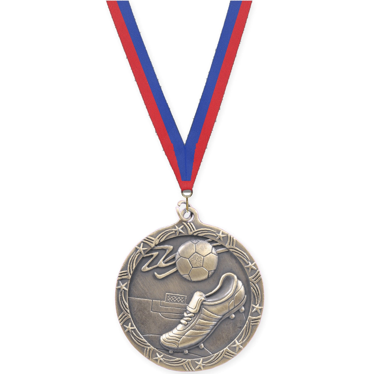 2 1/2 inch soccer Shooting Star medal in antique gold with Blue Red neck ribbon