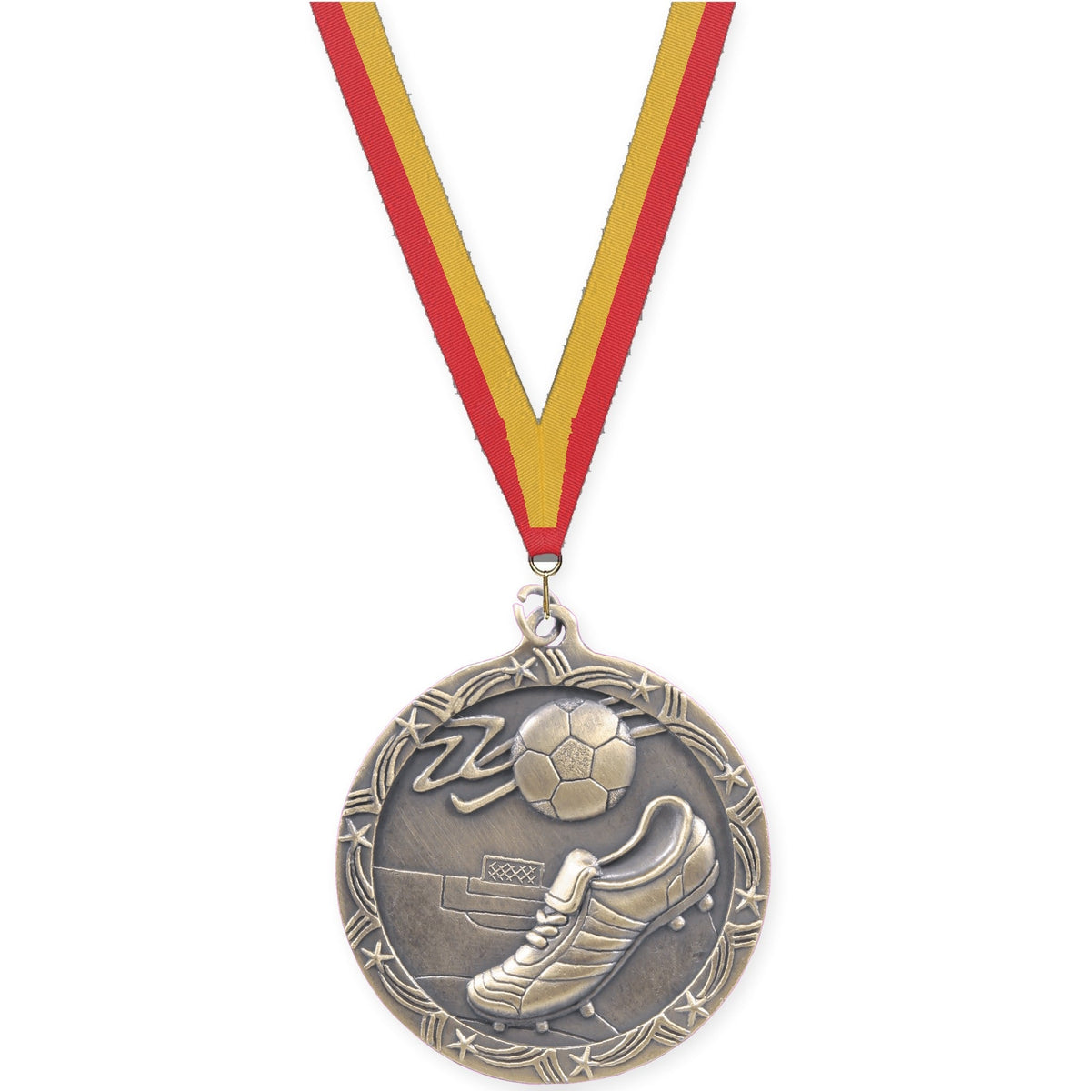 2 1/2 inch soccer Shooting Star medal in antique gold with Red Gold neck ribbon