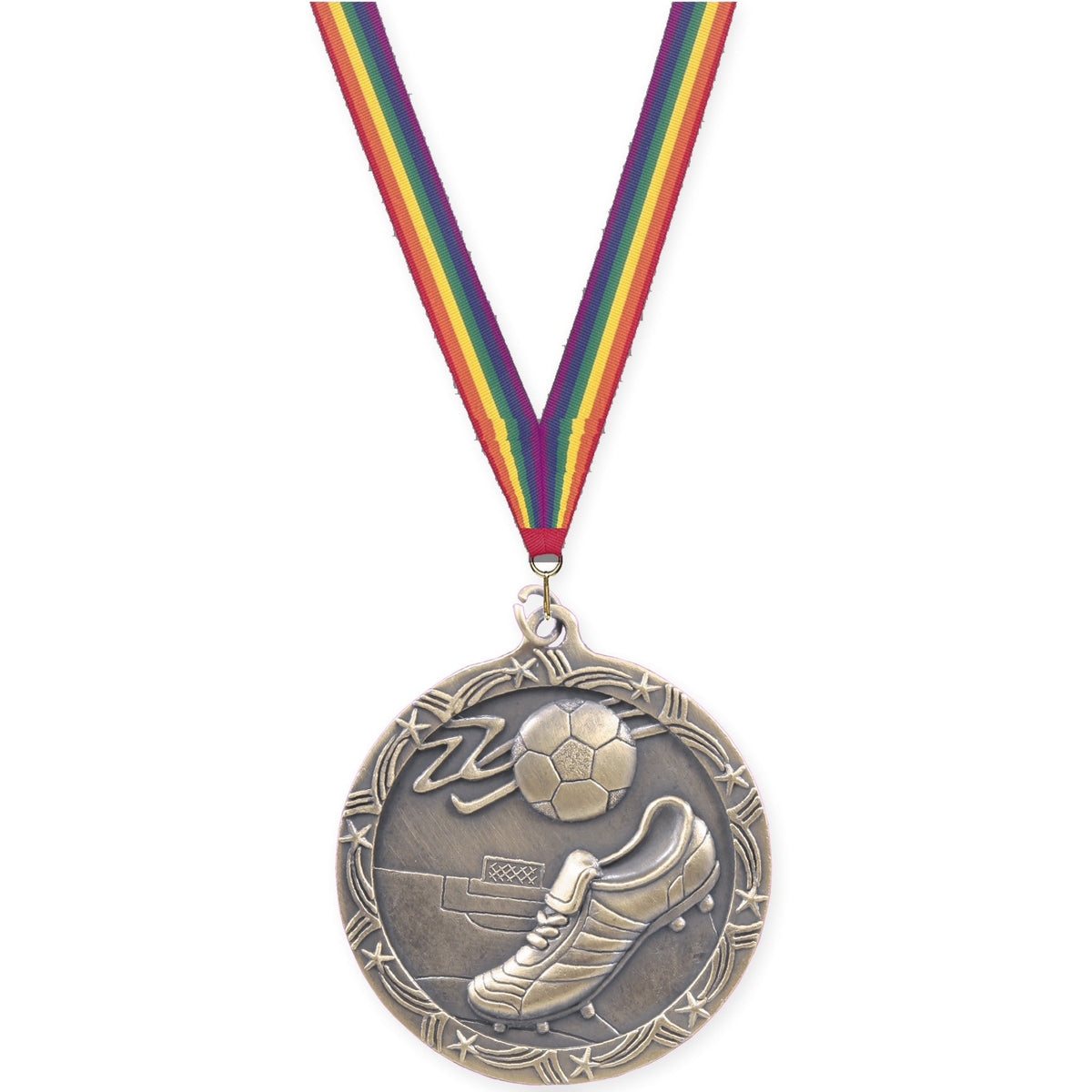 2 1/2 inch soccer Shooting Star medal in antique gold with Rainbow neck ribbon