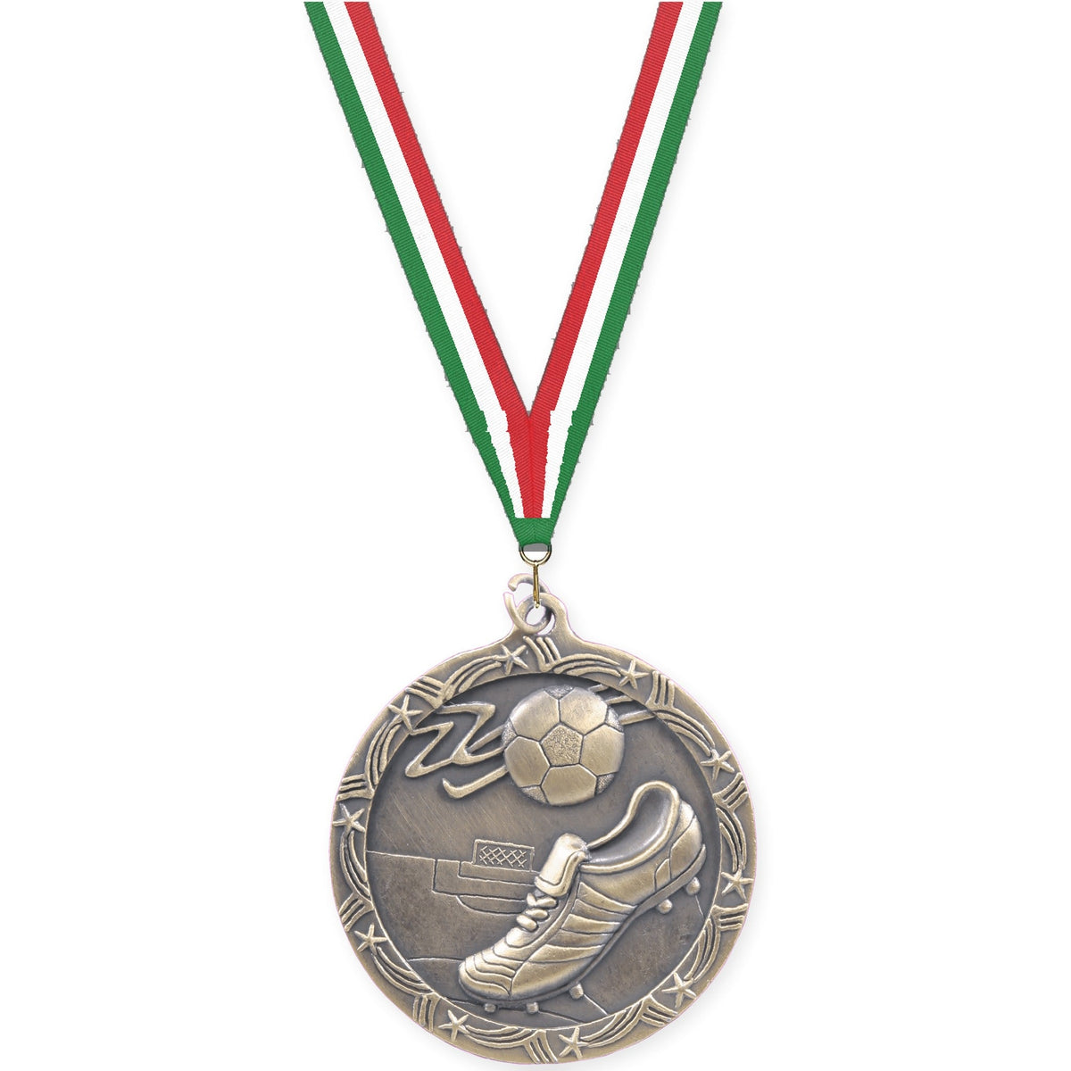 2 1/2 inch soccer Shooting Star medal in antique gold with Green White Red neck ribbon