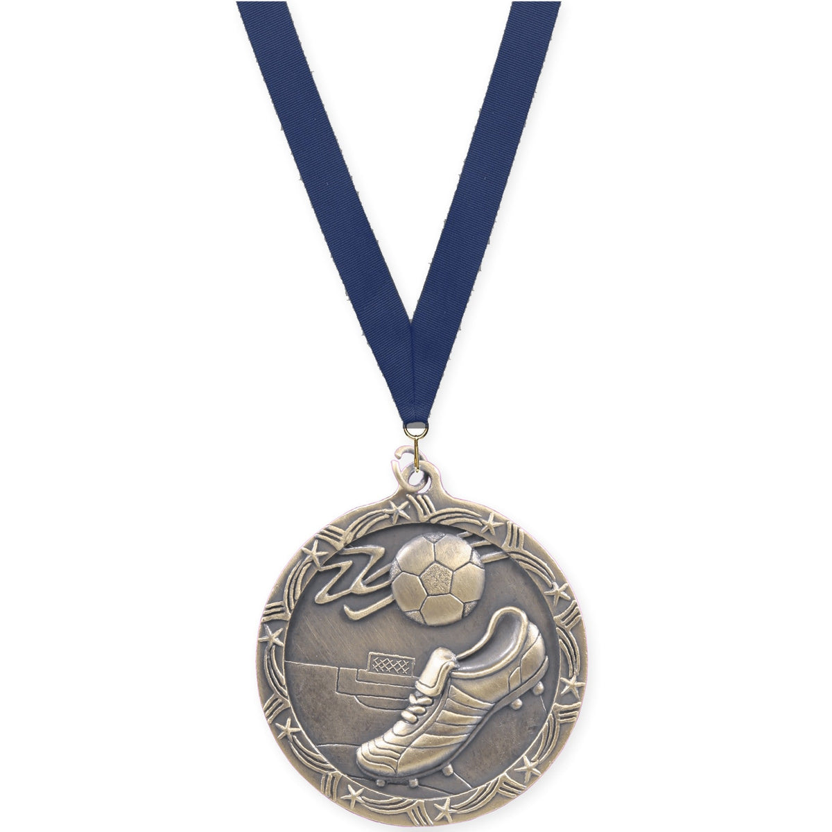 2 1/2 inch soccer Shooting Star medal in antique gold with Navy neck ribbon