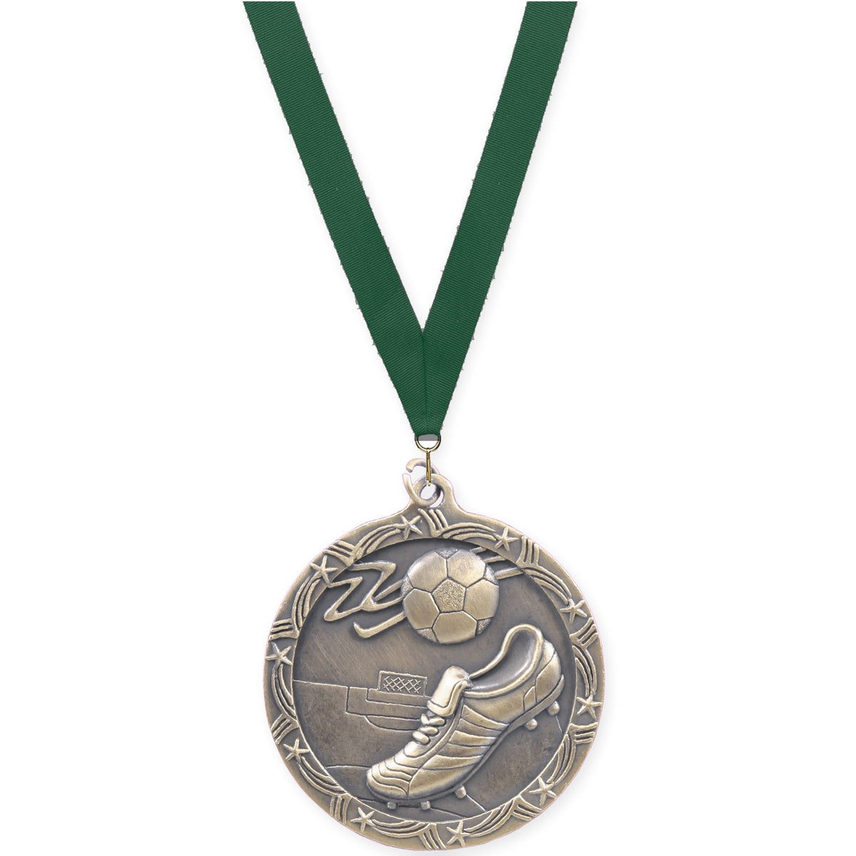 2 1/2 inch soccer Shooting Star medal in antique gold with Hunter Green neck ribbon