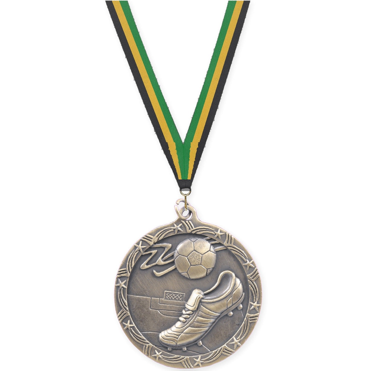 2 1/2 inch soccer Shooting Star medal in antique gold with Black Gold Green neck ribbon