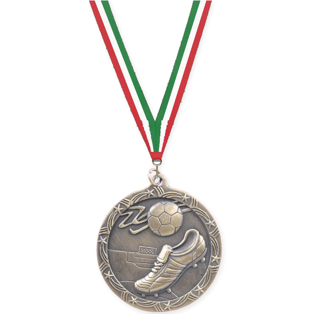 2 1/2 inch soccer Shooting Star medal in antique gold with Red White Green neck ribbon