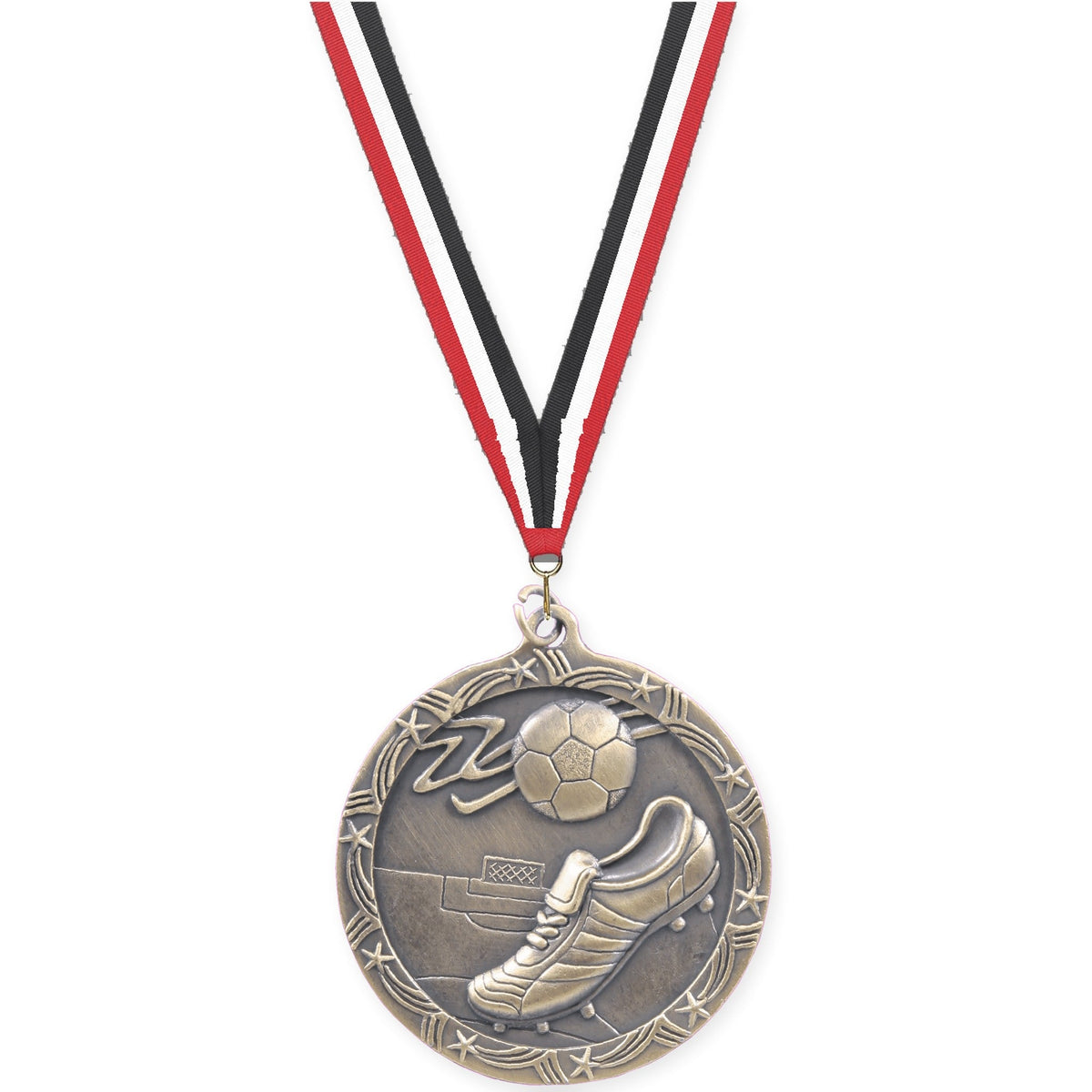 2 1/2 inch soccer Shooting Star medal in antique gold with Red White Black neck ribbon