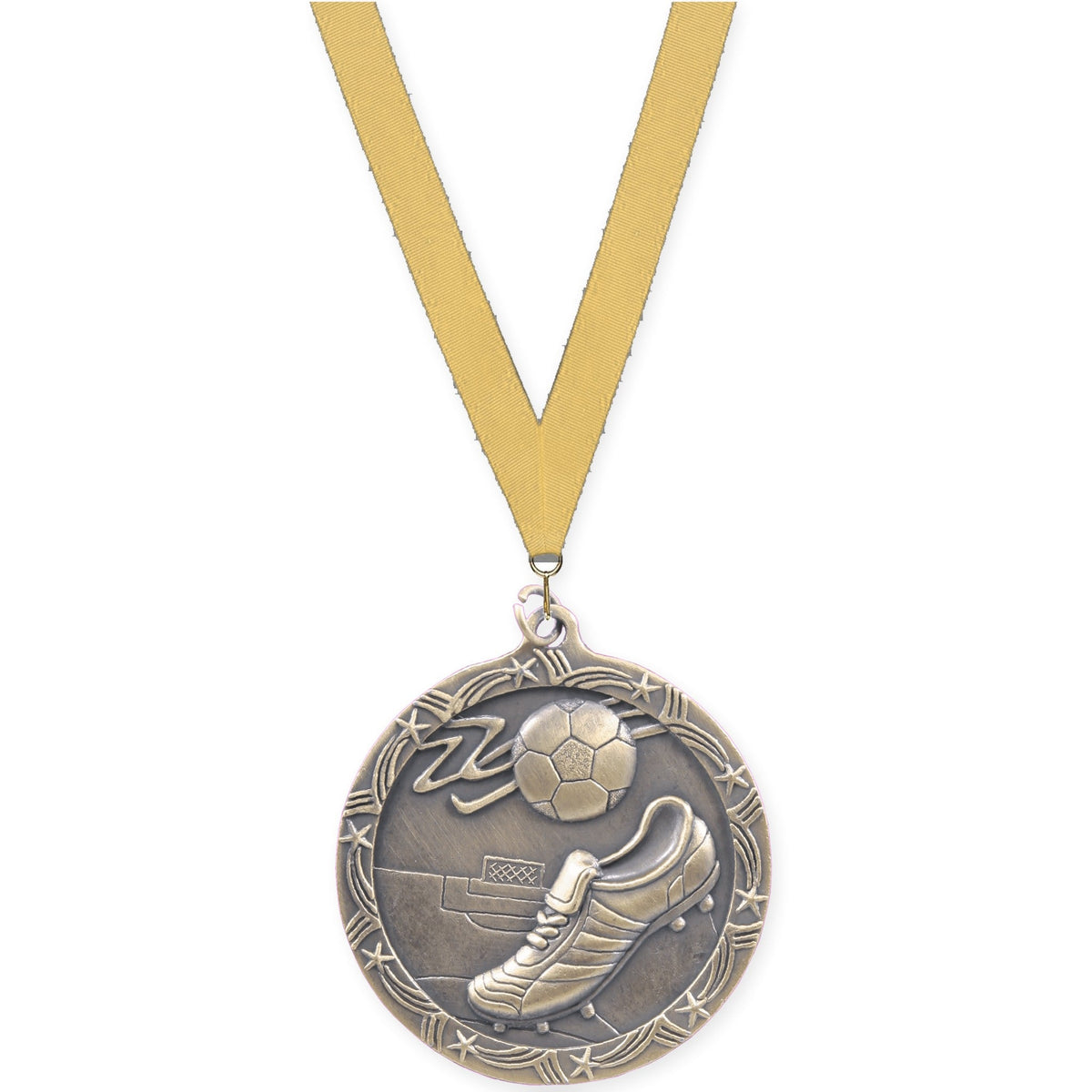 2 1/2 inch soccer Shooting Star medal in antique gold with Gold Metallic neck ribbon