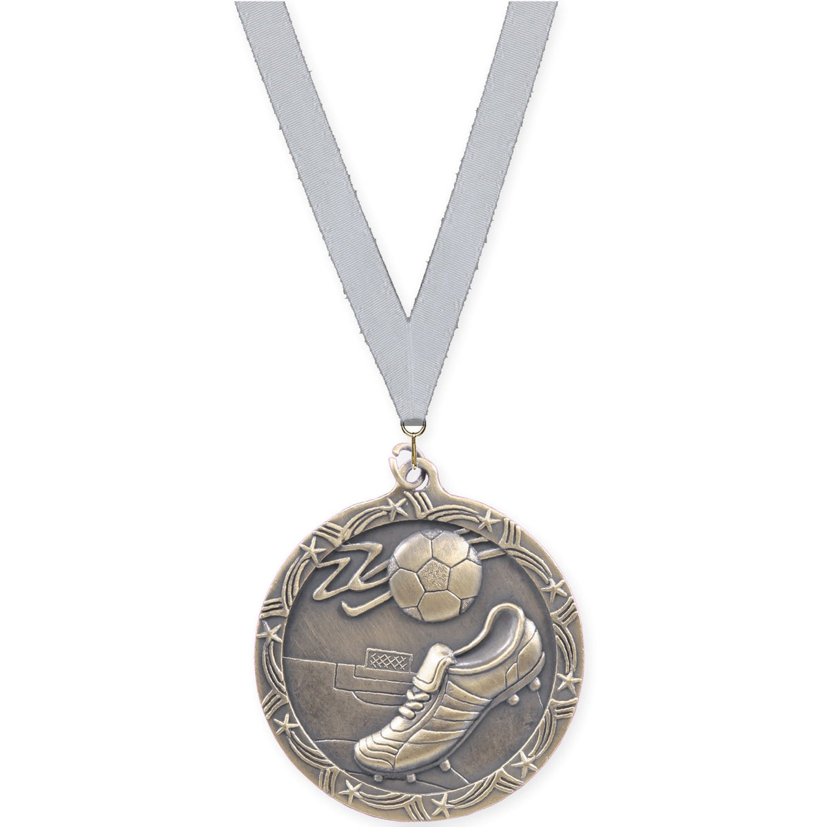 2 1/2 inch soccer Shooting Star medal in antique gold with Silver Metallic neck ribbon
