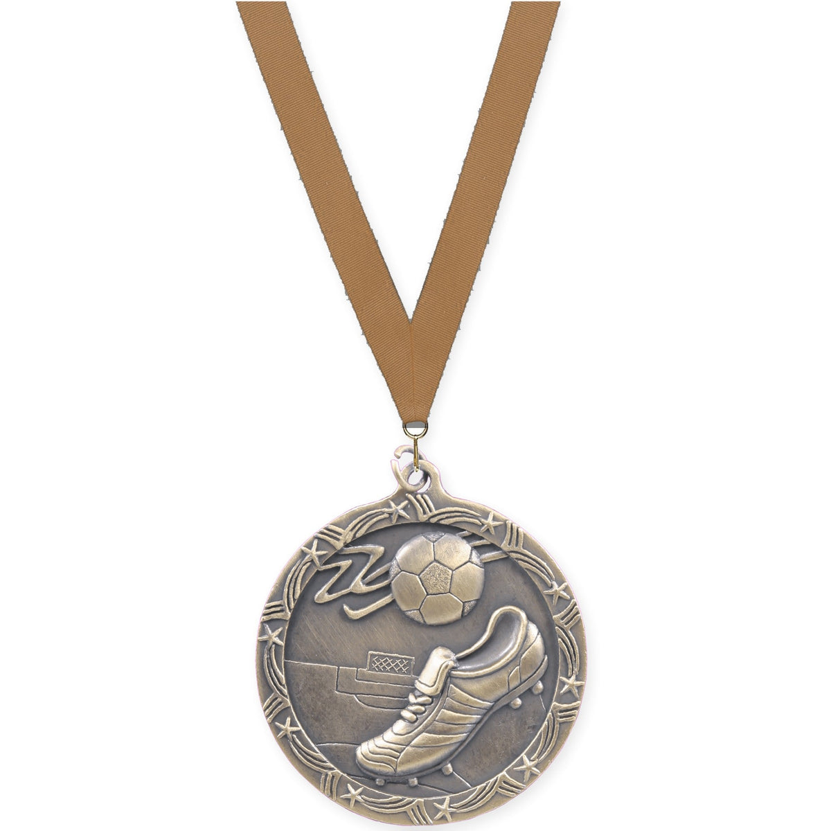 2 1/2 inch soccer Shooting Star medal in antique gold with Bronze Metallic neck ribbon