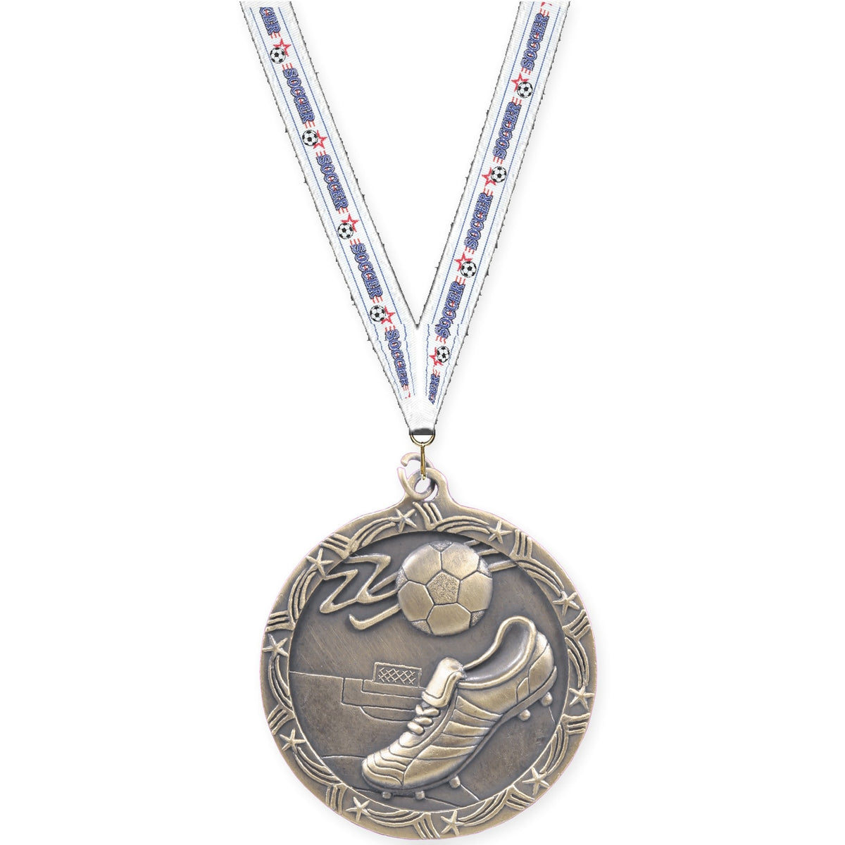 2 1/2 inch soccer Shooting Star medal in antique gold with Soccer neck ribbon