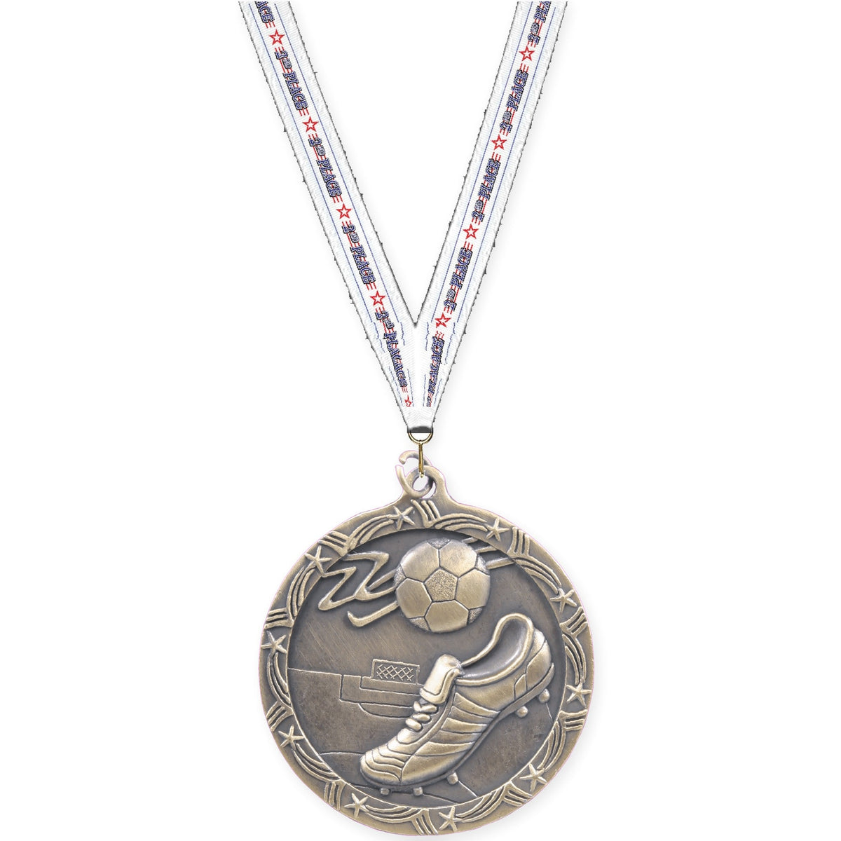 2 1/2 inch soccer Shooting Star medal in antique gold with 2nd Place neck ribbon
