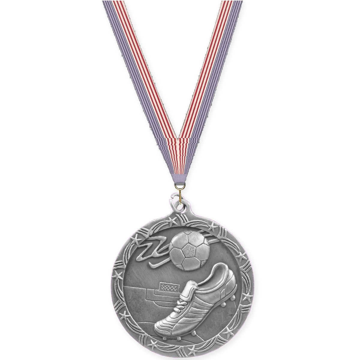 2 1/2 inch soccer Shooting Star medal in antique silver with USA Flag neck ribbon