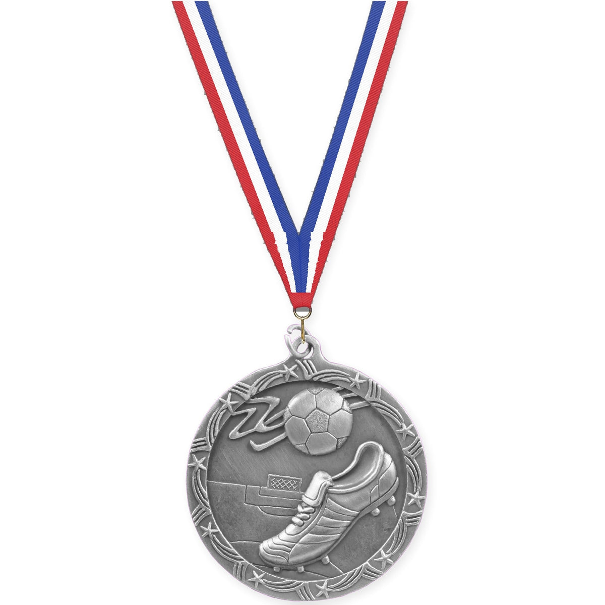 2 1/2 inch soccer Shooting Star medal in antique silver with Red White Blue neck ribbon