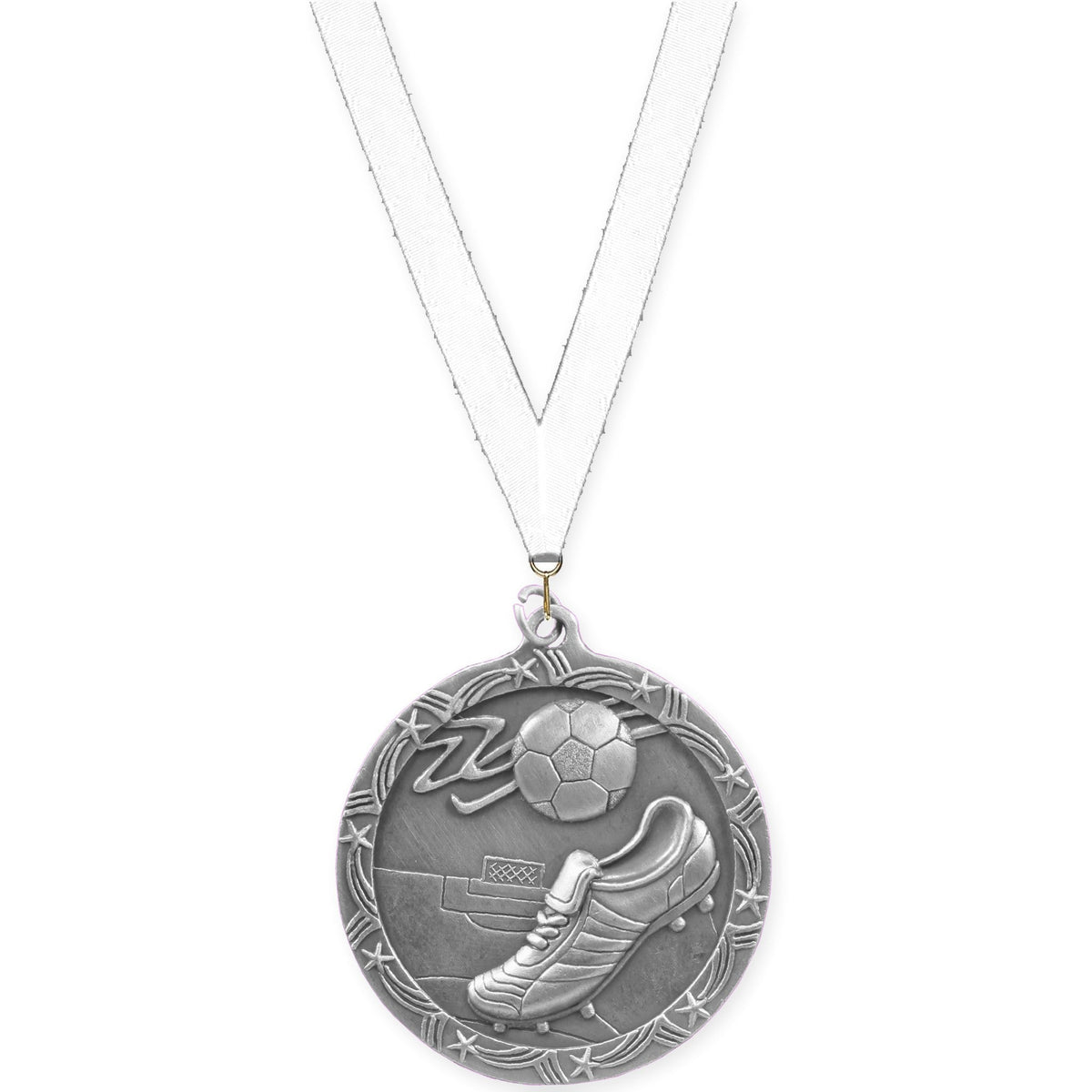 2 1/2 inch soccer Shooting Star medal in antique silver with White neck ribbon