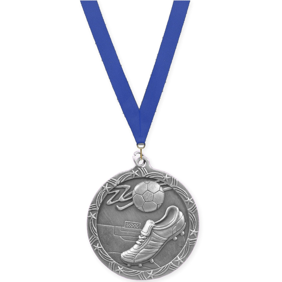 2 1/2 inch soccer Shooting Star medal in antique silver with Blue neck ribbon