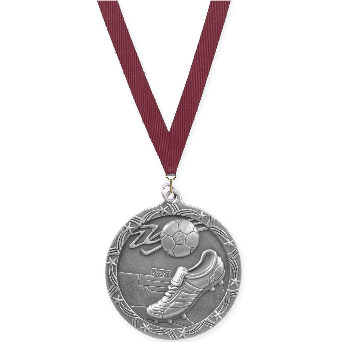 2 1/2 inch soccer Shooting Star medal in antique silver with Maroon neck ribbon