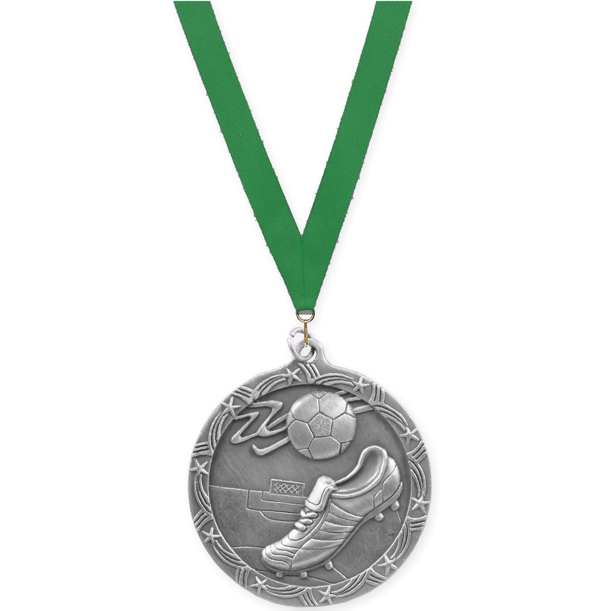 2 1/2 inch soccer Shooting Star medal in antique silver with Green neck ribbon