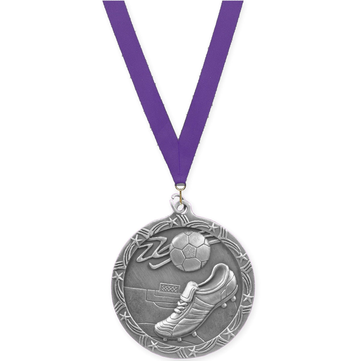 2 1/2 inch soccer Shooting Star medal in antique silver with Purple neck ribbon