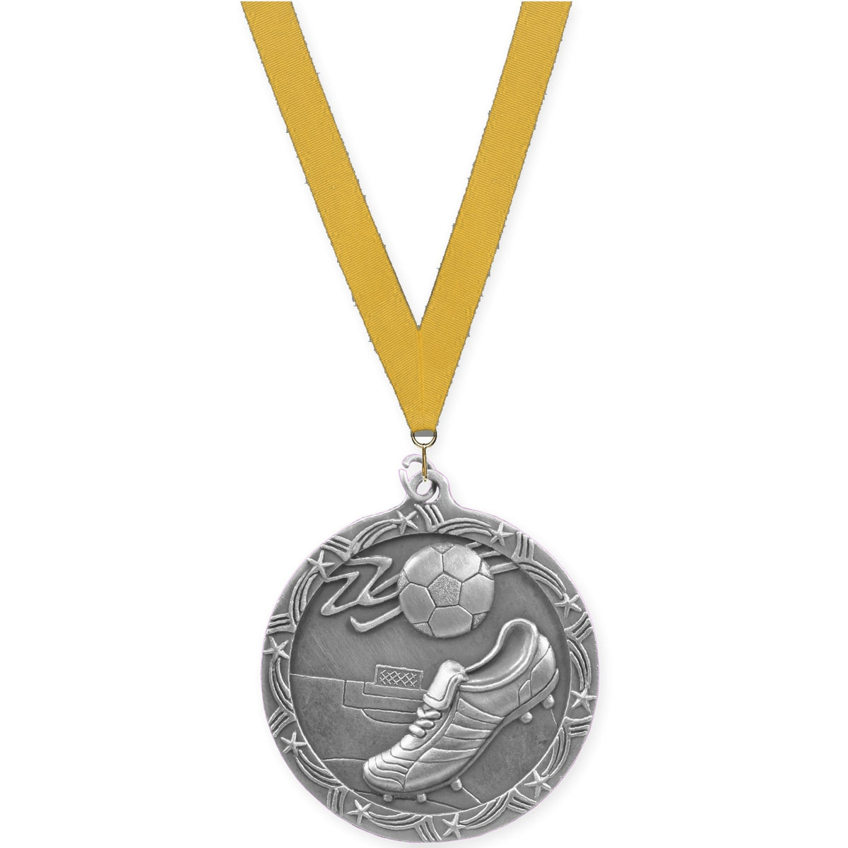 2 1/2 inch soccer Shooting Star medal in antique silver with Gold neck ribbon