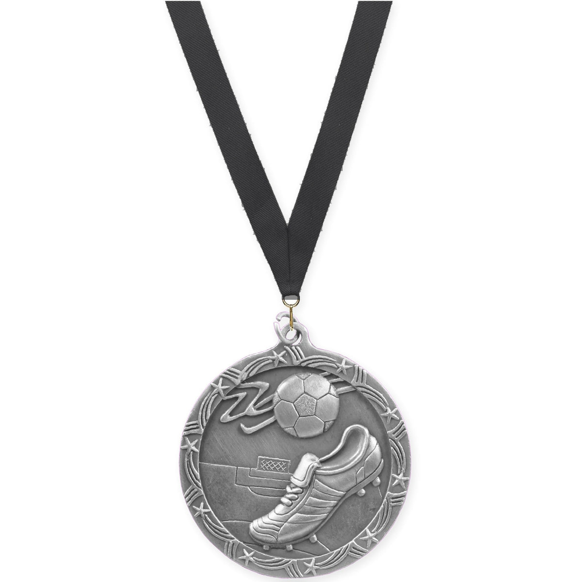 2 1/2 inch soccer Shooting Star medal in antique silver with Black neck ribbon