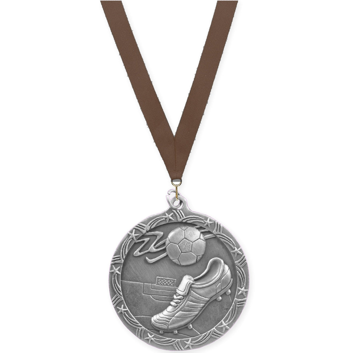 2 1/2 inch soccer Shooting Star medal in antique silver with Brown neck ribbon