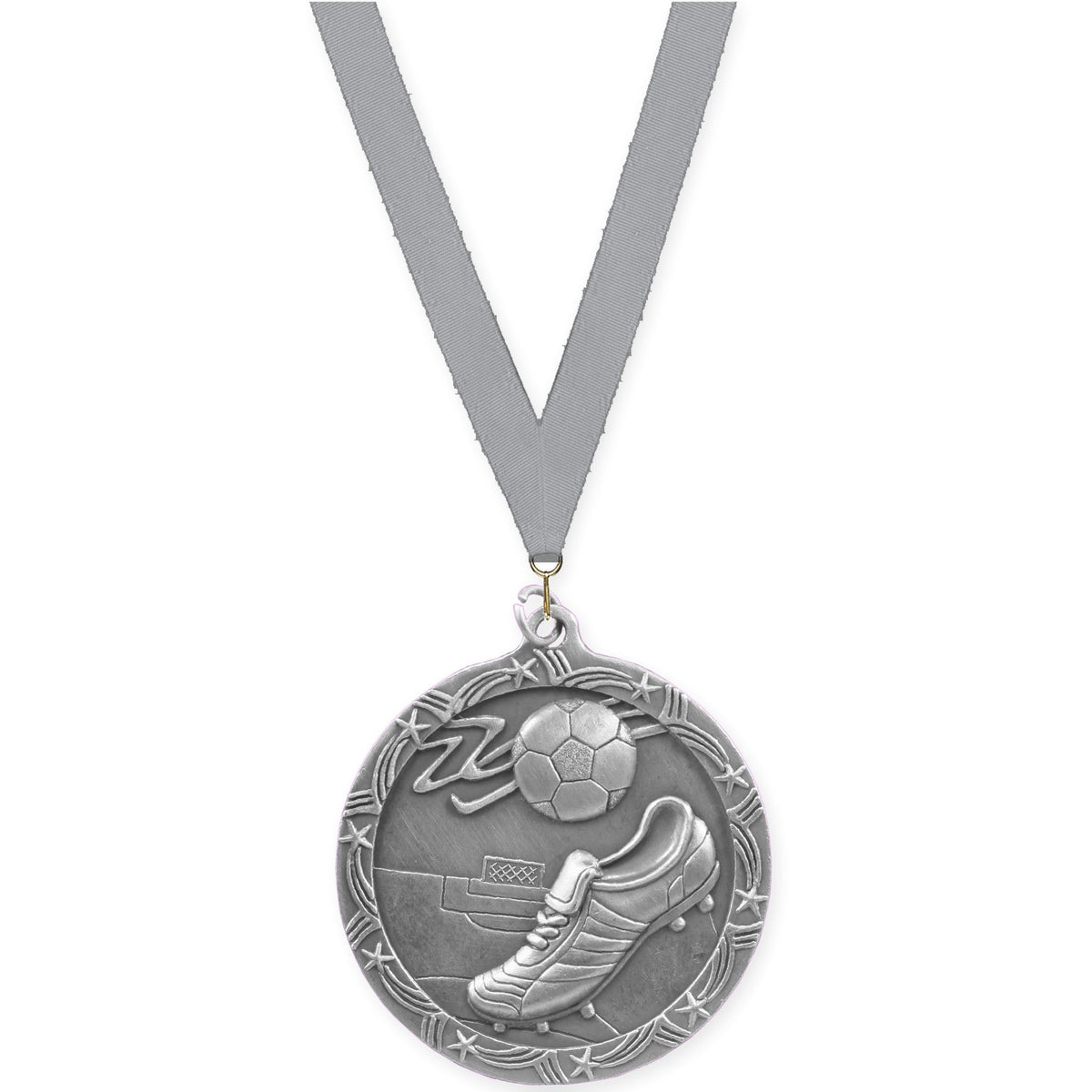 2 1/2 inch soccer Shooting Star medal in antique silver with Gray neck ribbon