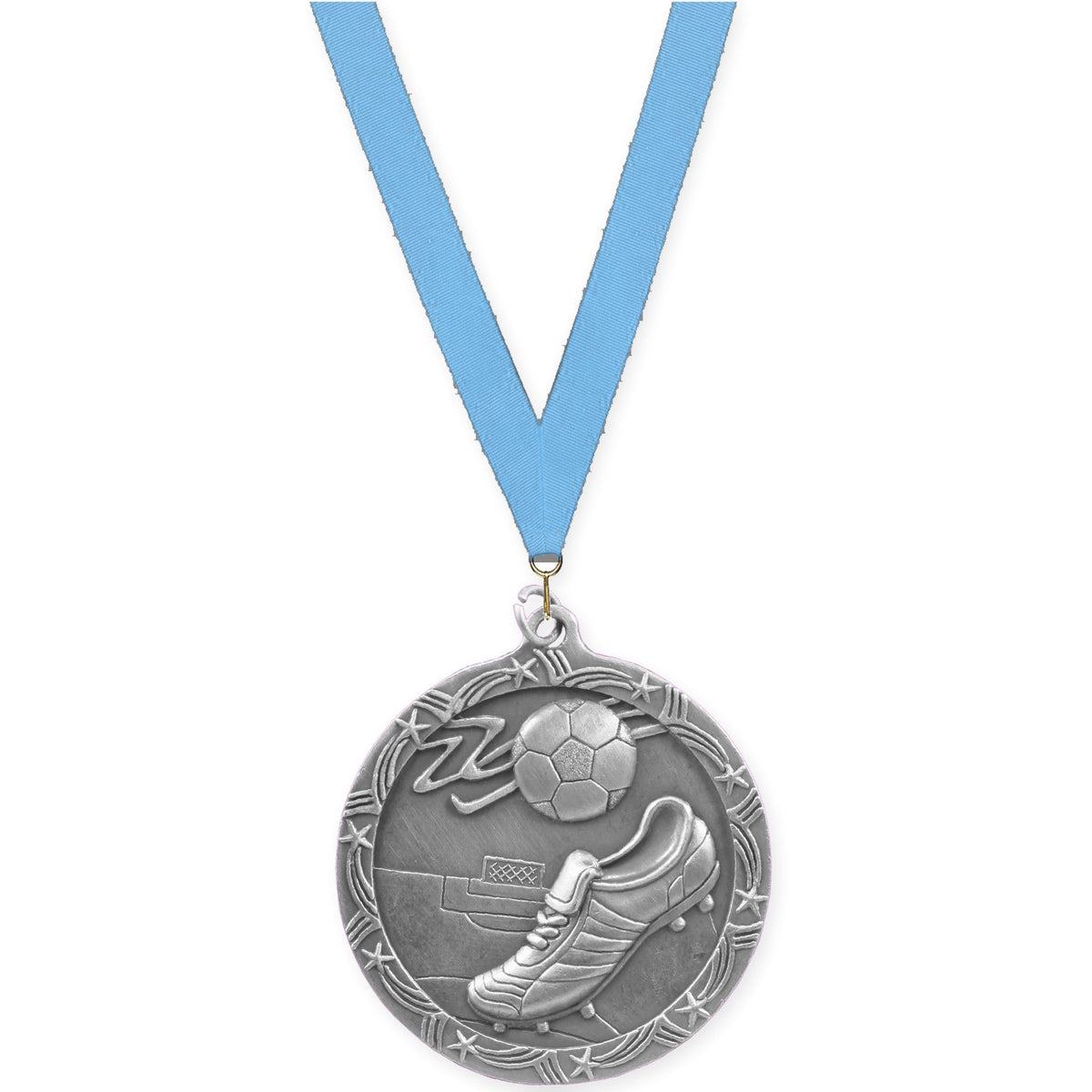 2 1/2 inch soccer Shooting Star medal in antique silver with Light Blue neck ribbon