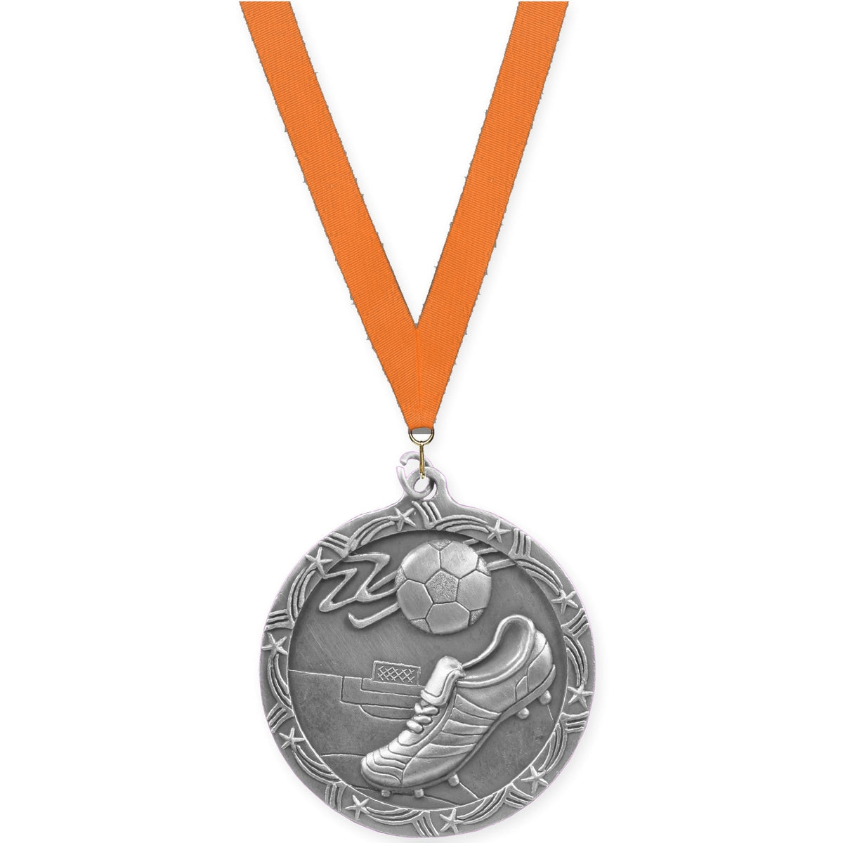 2 1/2 inch soccer Shooting Star medal in antique silver with Orange neck ribbon