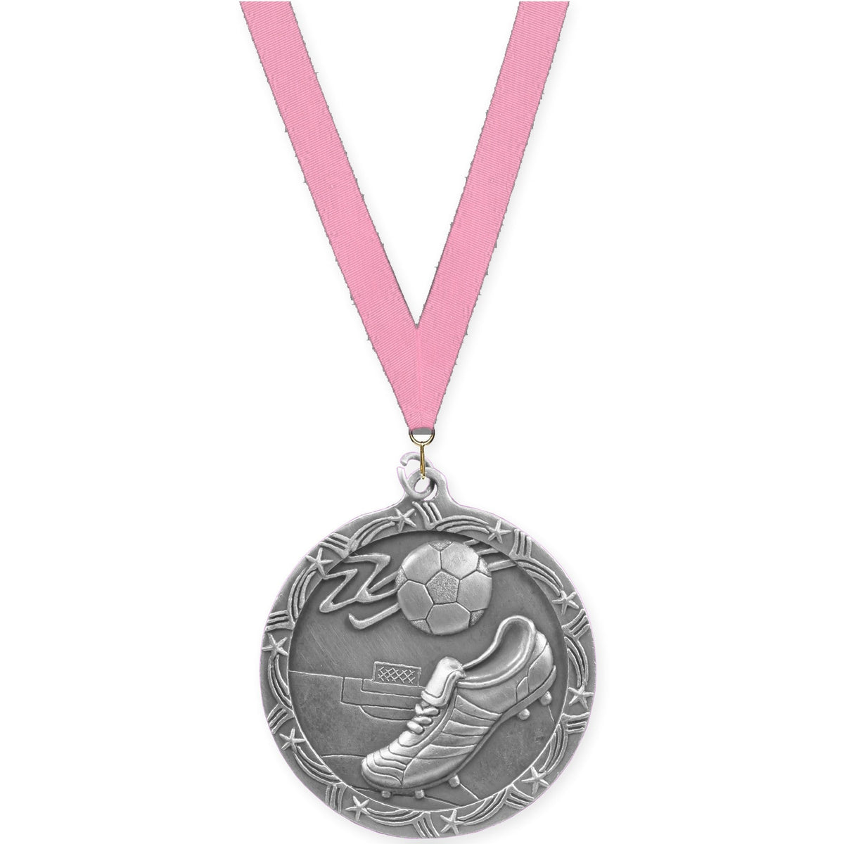 2 1/2 inch soccer Shooting Star medal in antique silver with Pink neck ribbon
