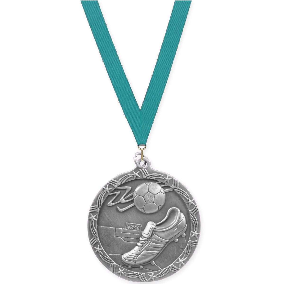 2 1/2 inch soccer Shooting Star medal in antique silver with Teal neck ribbon