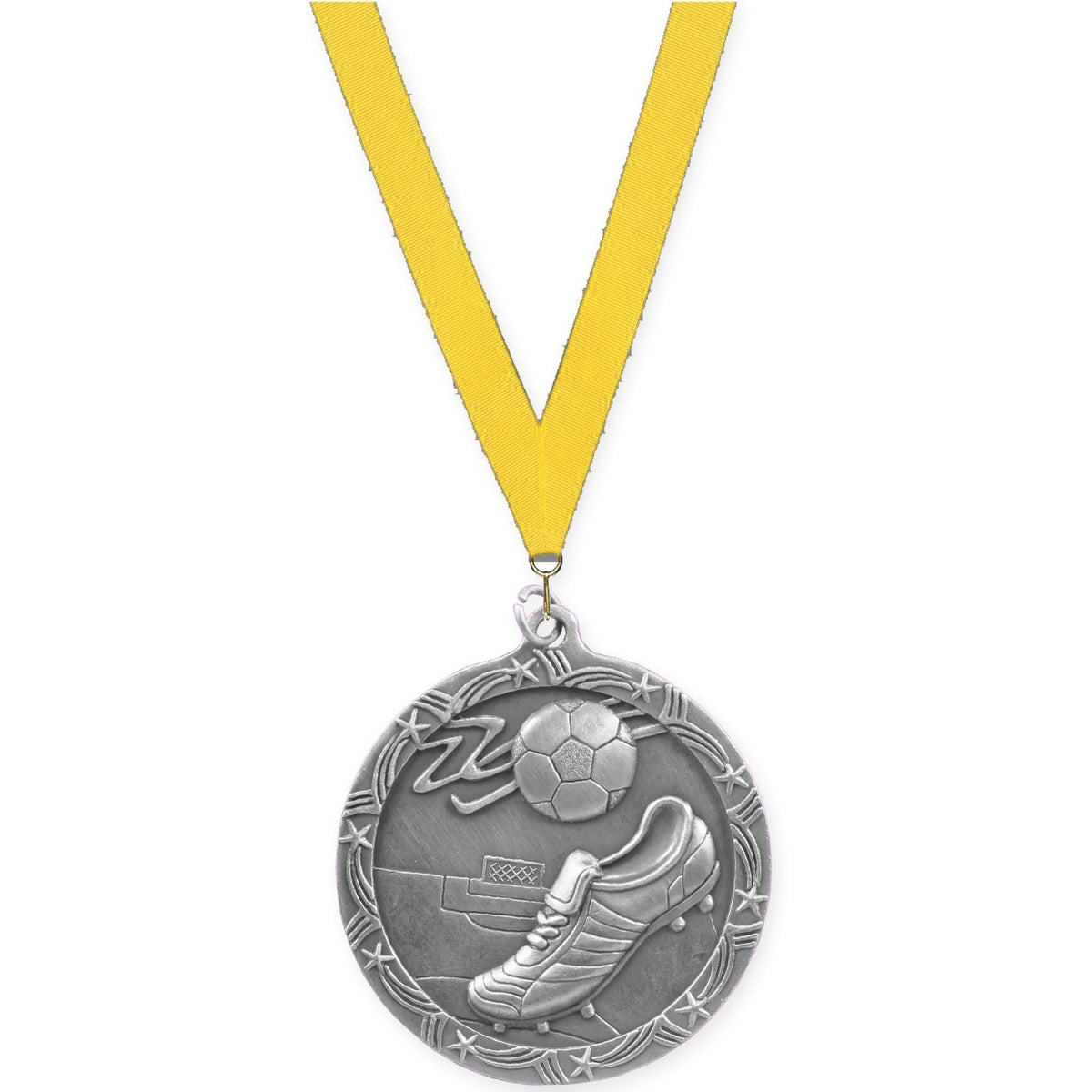 2 1/2 inch soccer Shooting Star medal in antique silver with Yellow neck ribbon