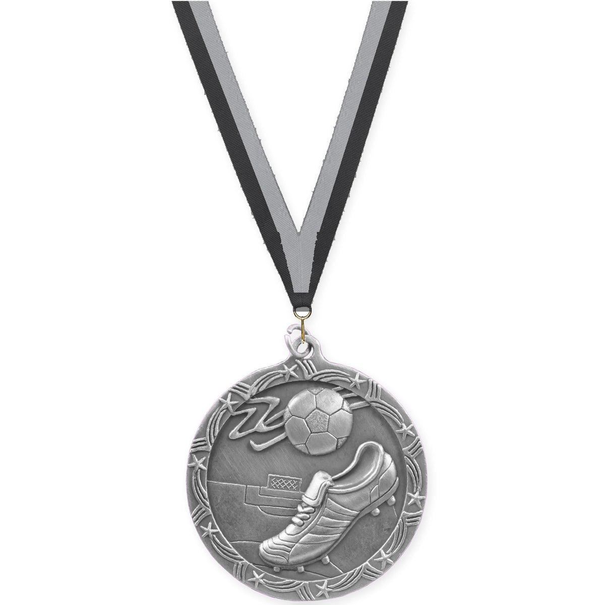 2 1/2 inch soccer Shooting Star medal in antique silver with Black Gray neck ribbon