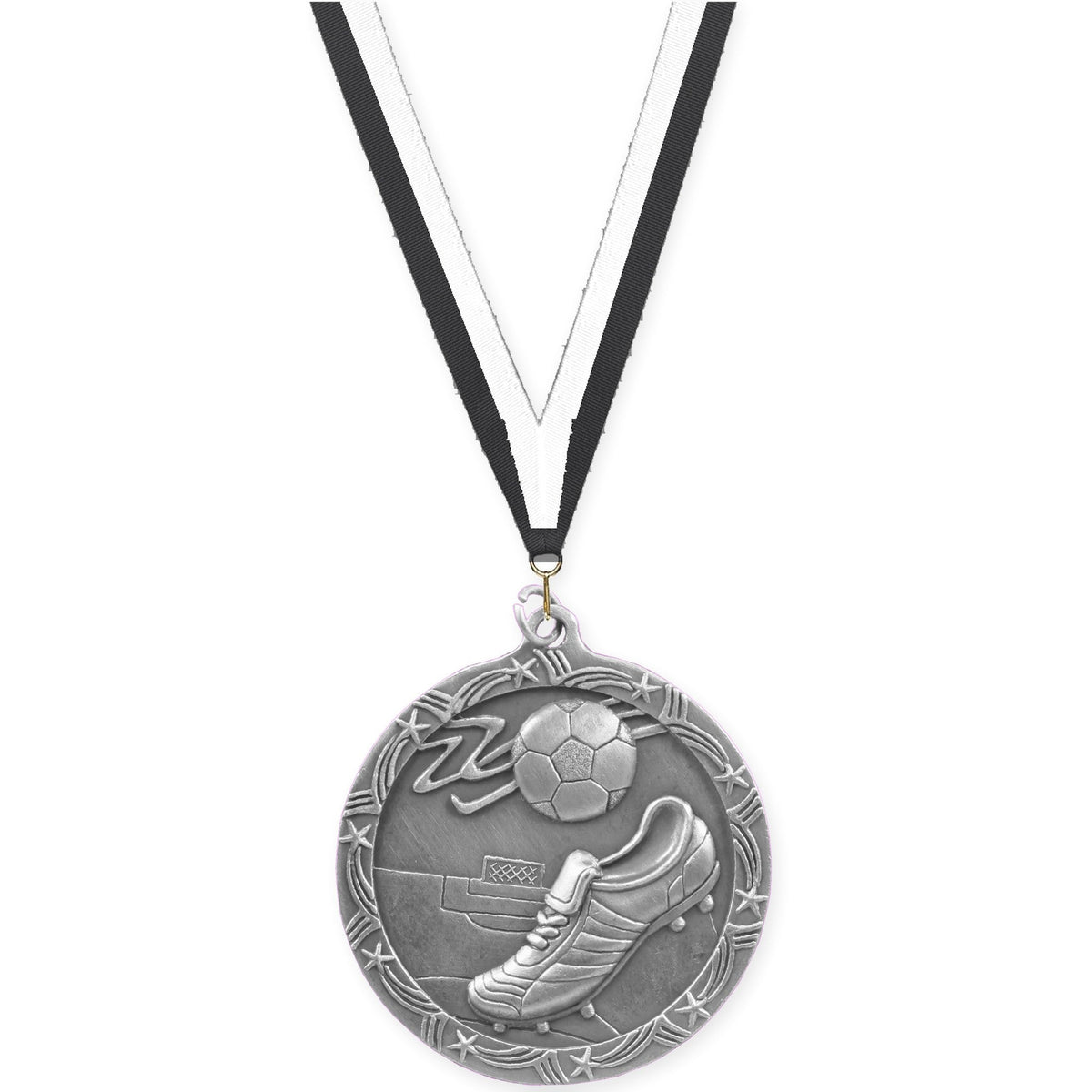 2 1/2 inch soccer Shooting Star medal in antique silver with Black White neck ribbon