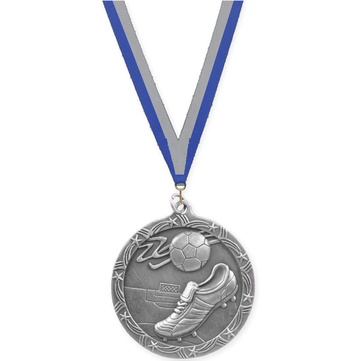 2 1/2 inch soccer Shooting Star medal in antique silver with Blue Gray neck ribbon
