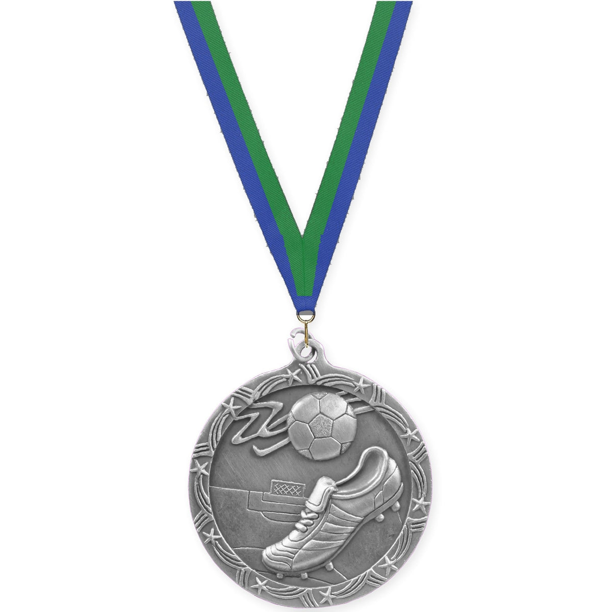 2 1/2 inch soccer Shooting Star medal in antique silver with Blue Green neck ribbon