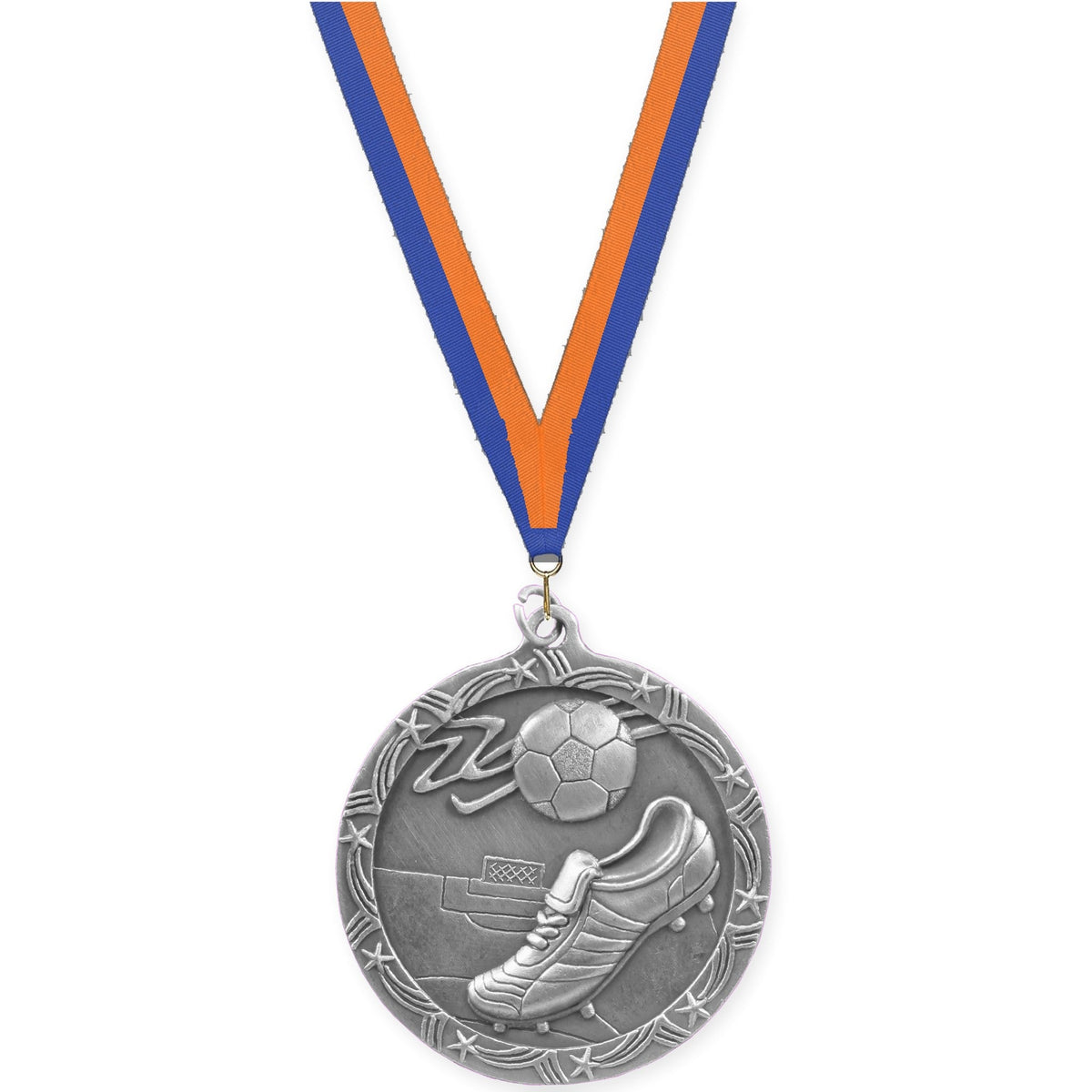 2 1/2 inch soccer Shooting Star medal in antique silver with Blue Orange neck ribbon