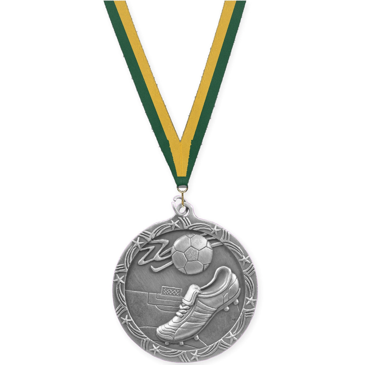 2 1/2 inch soccer Shooting Star medal in antique silver with Hunter Green Gold neck ribbon