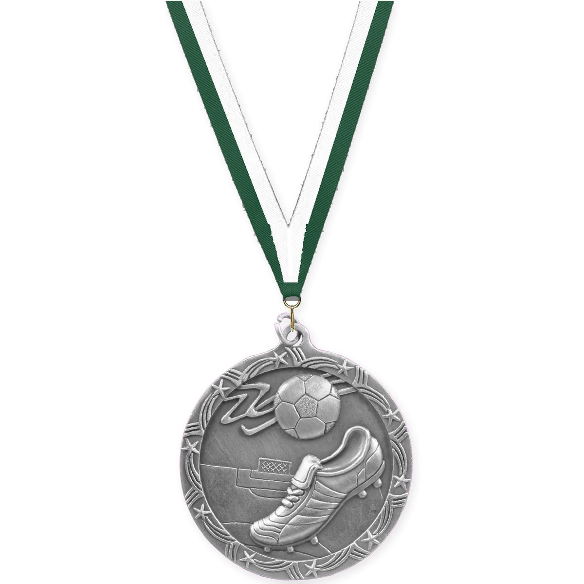 2 1/2 inch soccer Shooting Star medal in antique silver with Hunter Green White neck ribbon