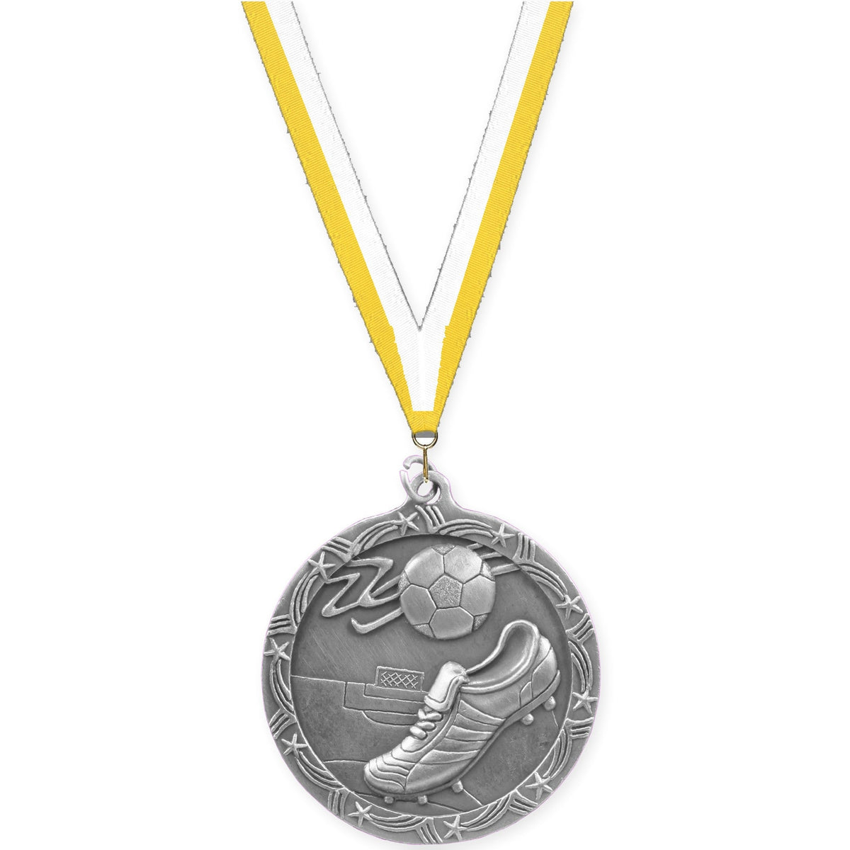 2 1/2 inch soccer Shooting Star medal in antique silver with Yellow White neck ribbon
