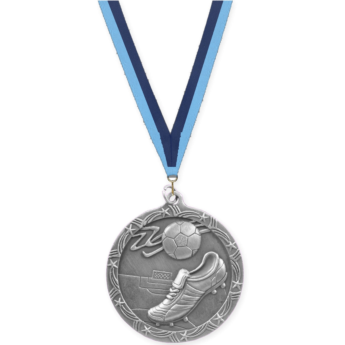 2 1/2 inch soccer Shooting Star medal in antique silver with Light Blue Navy neck ribbon