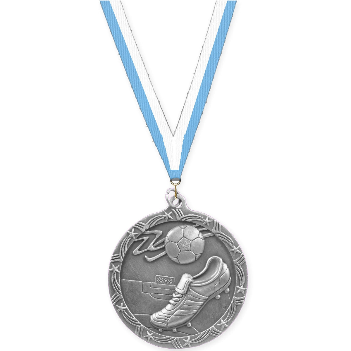 2 1/2 inch soccer Shooting Star medal in antique silver with Light Blue White neck ribbon