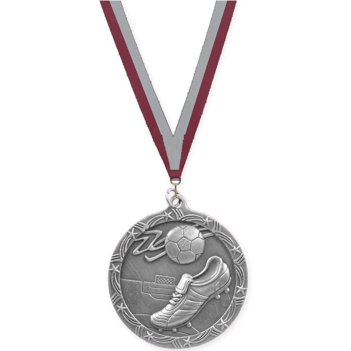 2 1/2 inch soccer Shooting Star medal in antique silver with Maroon Gray neck ribbon