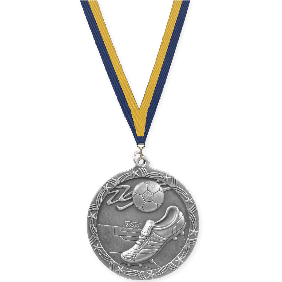 2 1/2 inch soccer Shooting Star medal in antique silver with Navy Gold neck ribbon