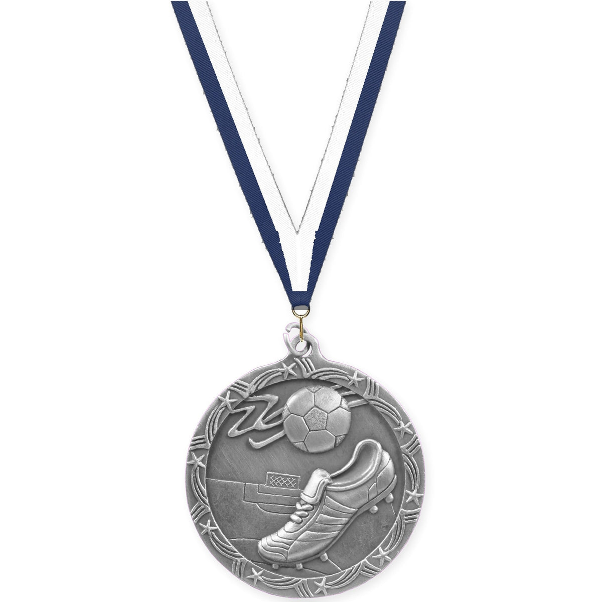 2 1/2 inch soccer Shooting Star medal in antique silver with Navy White neck ribbon