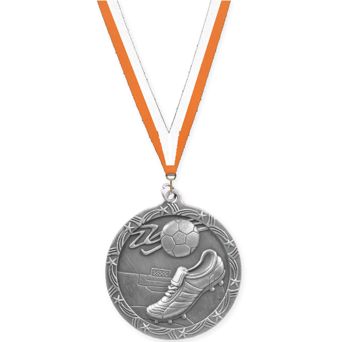 2 1/2 inch soccer Shooting Star medal in antique silver with Orange White neck ribbon