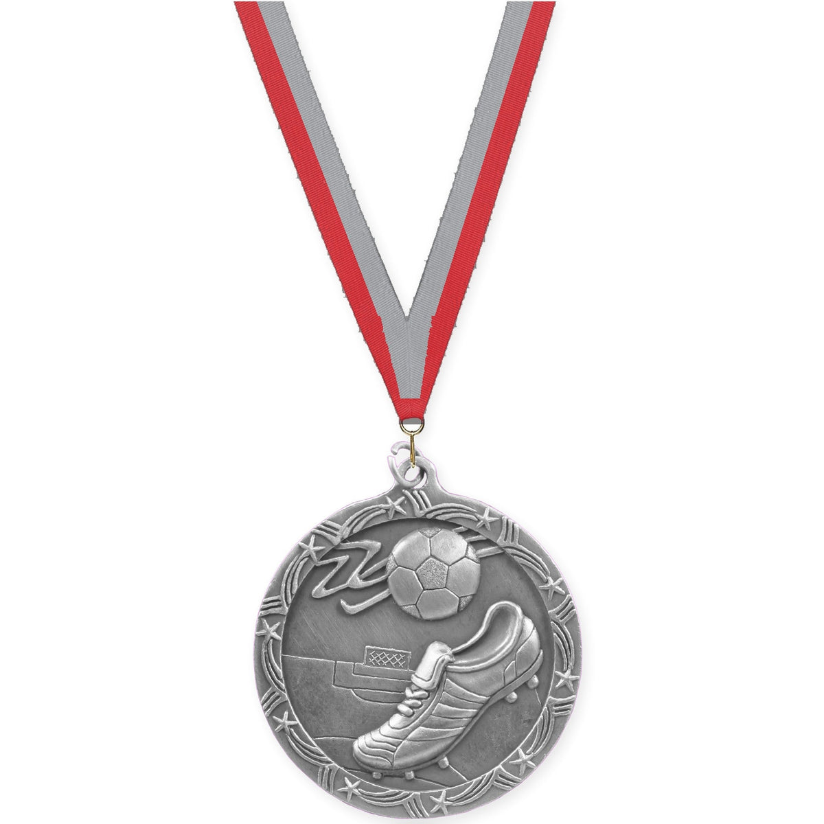 2 1/2 inch soccer Shooting Star medal in antique silver with Red Gray neck ribbon